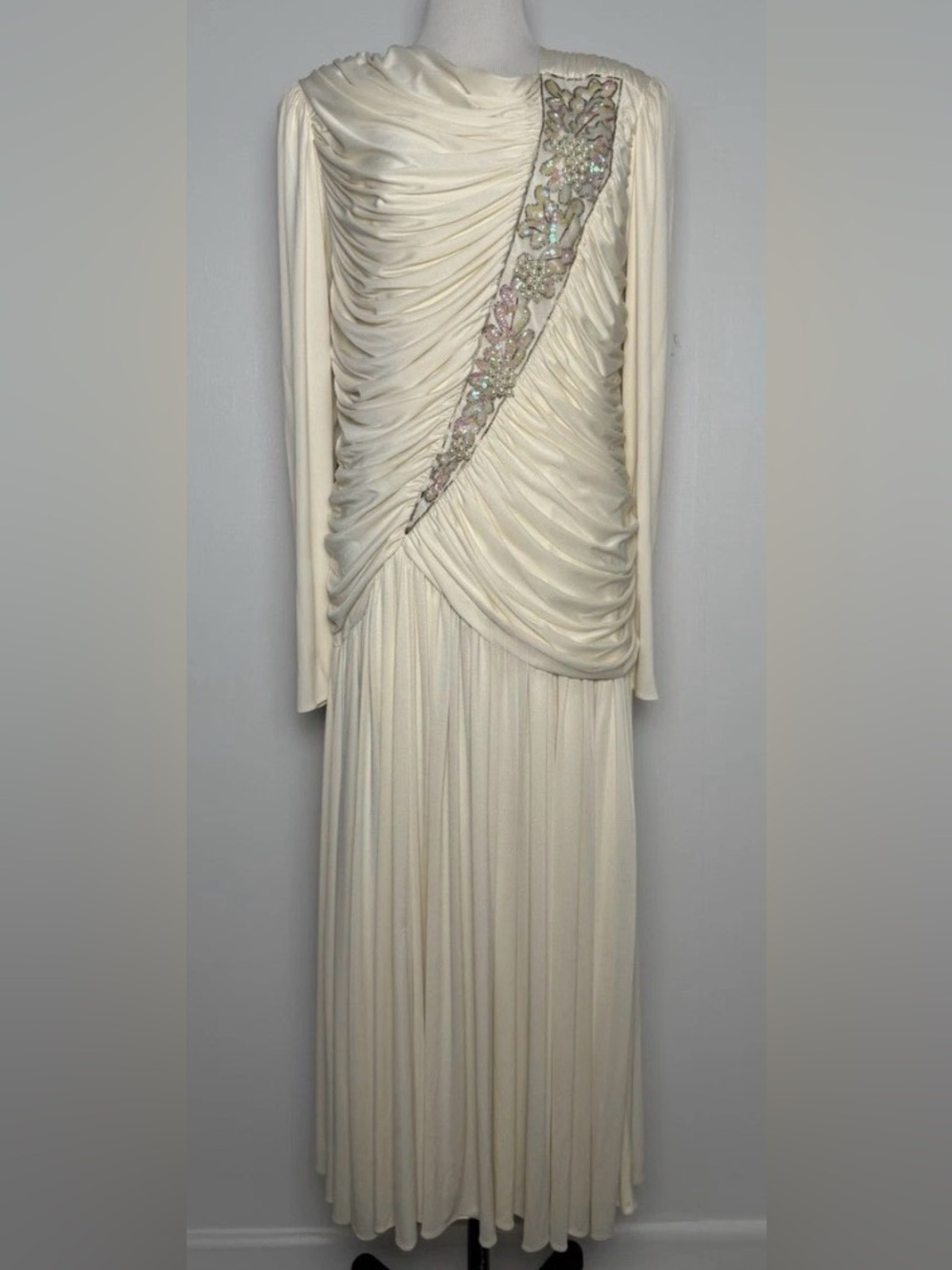 VTG 80s Ivory Ruched Beaded Pearl Evening Gown Old Hollywood Glam Dress